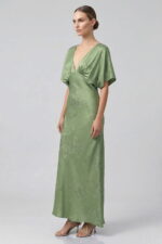 Sage Floral Jacquard Satin Maxi Dress - Image 2