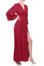 Ruby Red Satin Wrap Maxi Dress for Women – Elegant Bridesmaid & Party Wear Gown