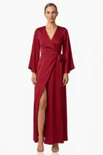 Ruby Red Satin Wrap Maxi Dress for Women – Elegant Bridesmaid & Party Wear Gown - Image 4