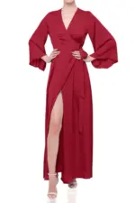 Ruby Red Satin Wrap Maxi Dress for Women – Elegant Bridesmaid & Party Wear Gown - Image 6
